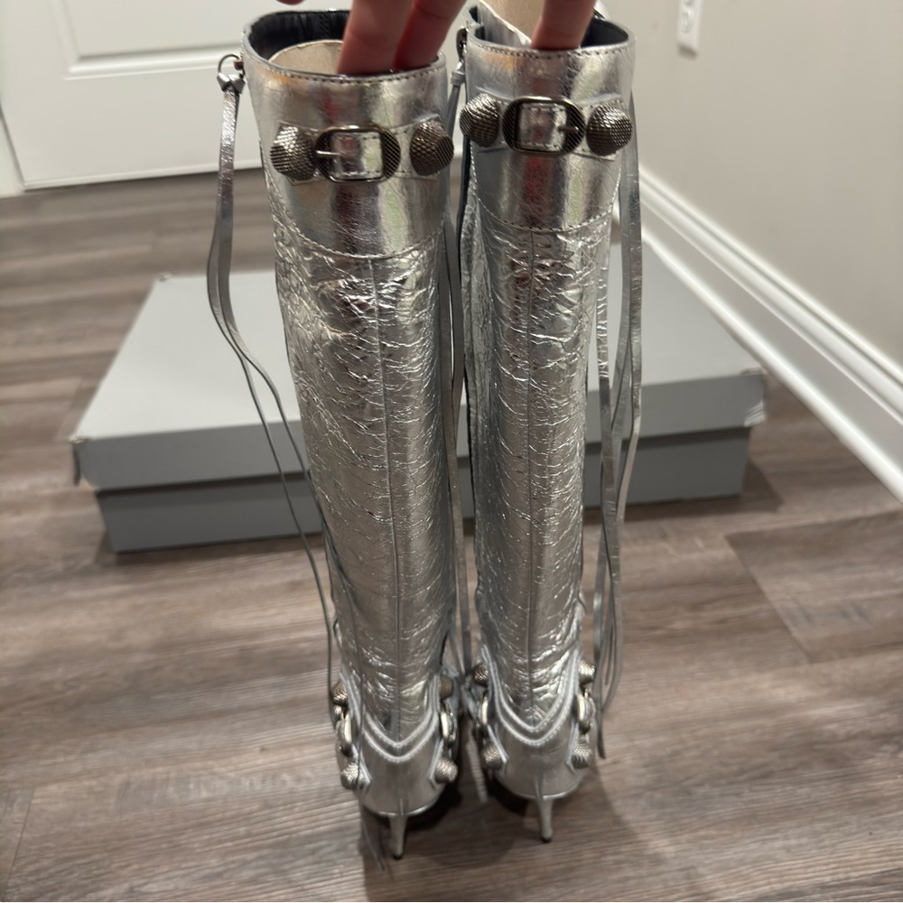 Balenciaga Cagole 90mm Metallic Arena Silver Heeled Tall Boots - Picture 7 of 16